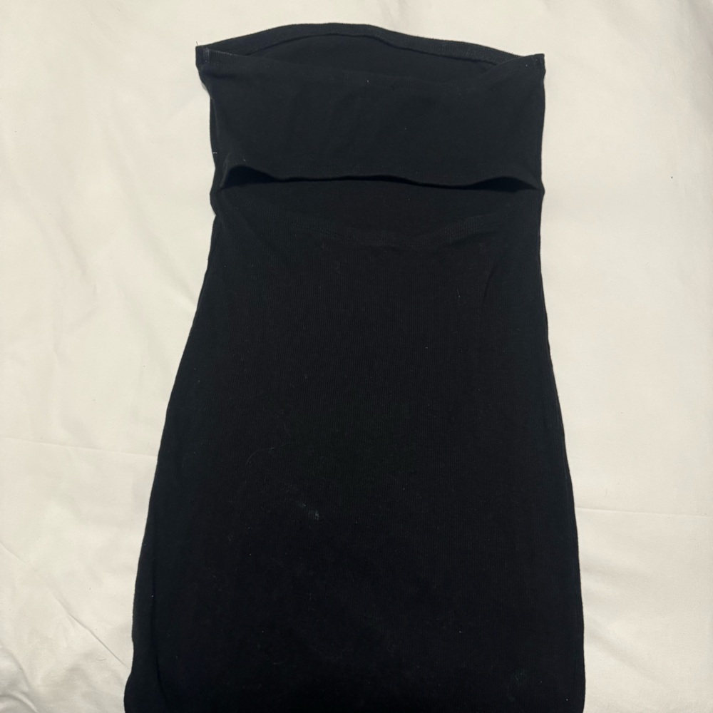 Black strapless body con dress with cut out in back